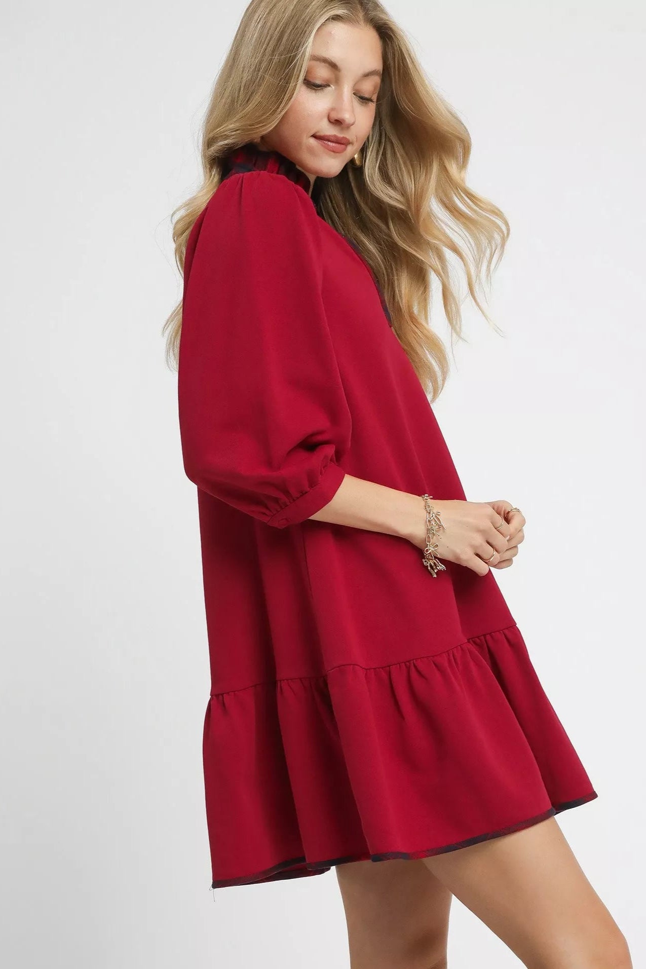 Sarah Express Women’s French Terry Ruffle Hem Dress with Plaid Trim Casual Fall