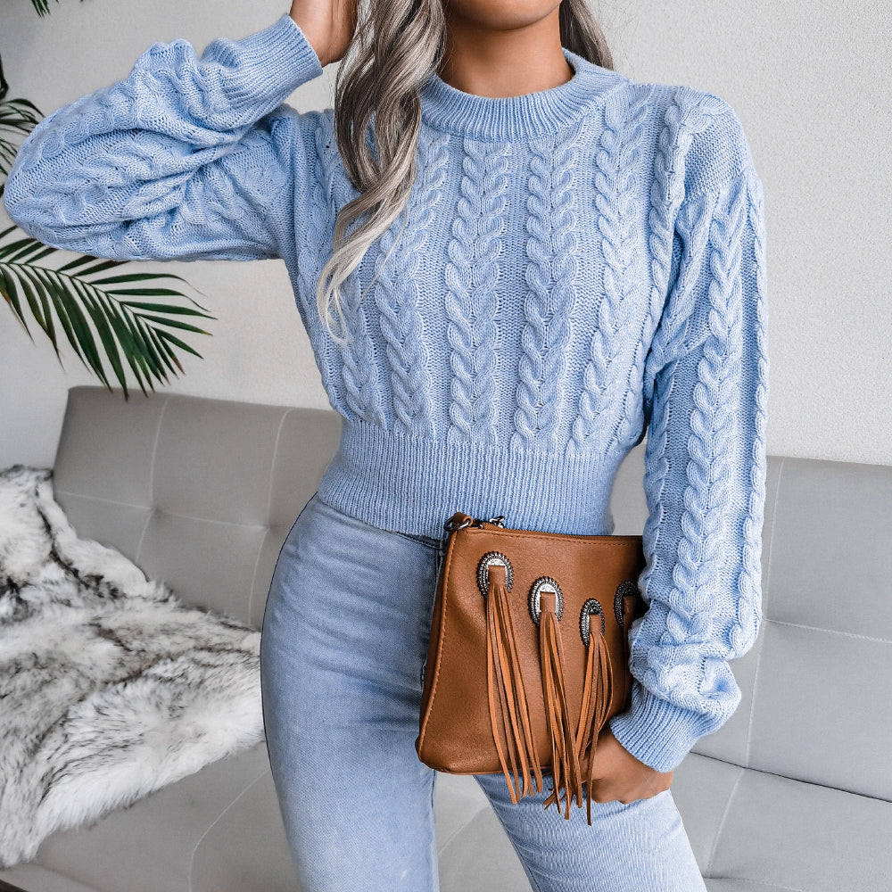 Sarah Express Women's Cable Knit Waist Cinched Cropped Sweater - Slim Fit Long Sleeve Pullover Blue