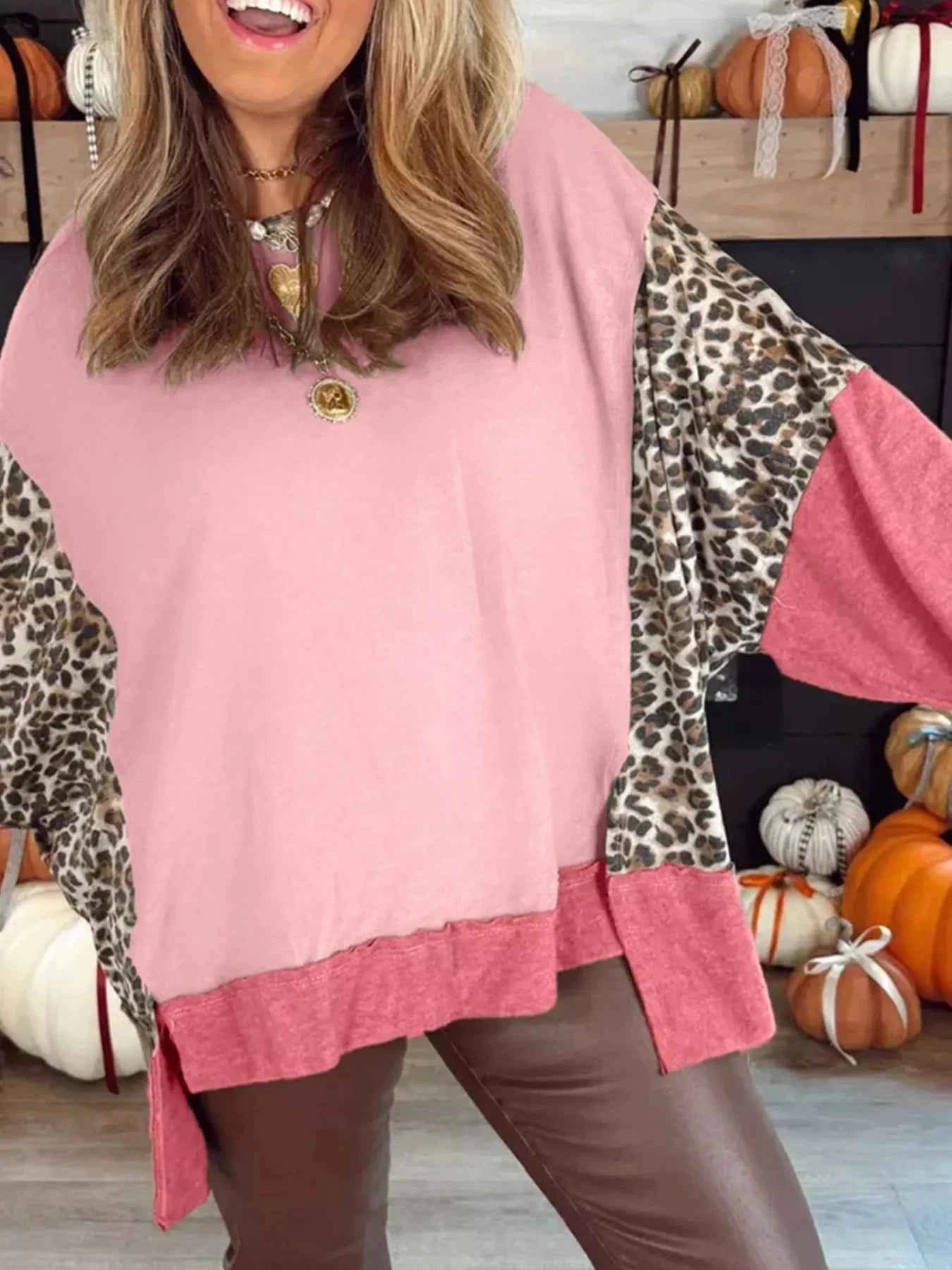 Sarah Express Women's Color Block Leopard Print Sweatshirt - Trendy Round Neck Pullover