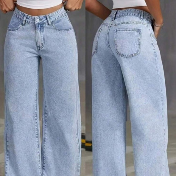Sarah Express Women's High-Waist Straight Leg Jeans - Distressed Cotton Denim Loose Fit