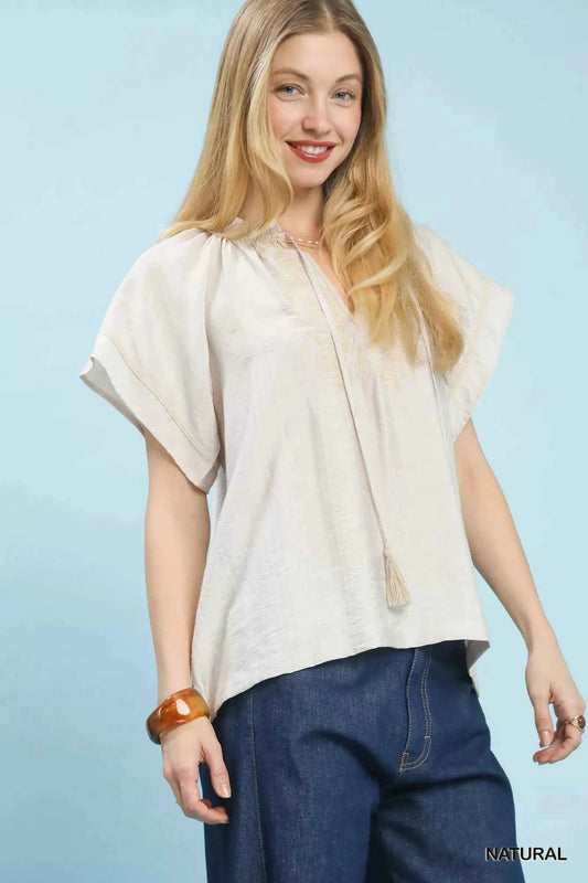 Sarah Express Women's Embroidered Boho Blouse with Tassel Tie - Flutter Sleeve Top