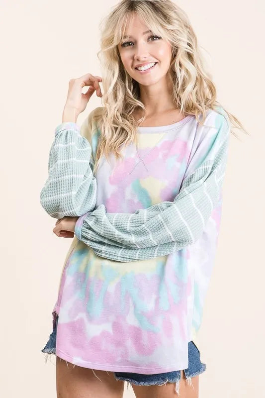 Sarah Express women’s tie-dye terry top with contrasting wide stripe thermal waffle details.
