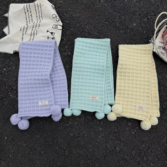 Sarah Express Women's Waffle Knit Pom-Pom Scarf - Cozy Winter Accessory