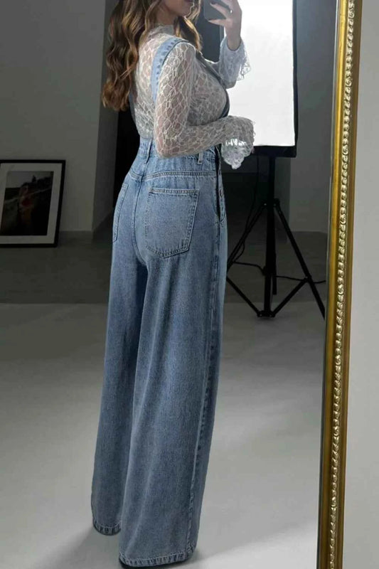 Sarah Express Women's Wide Leg Denim Overalls - Wash Blue Casual Jumpsuit