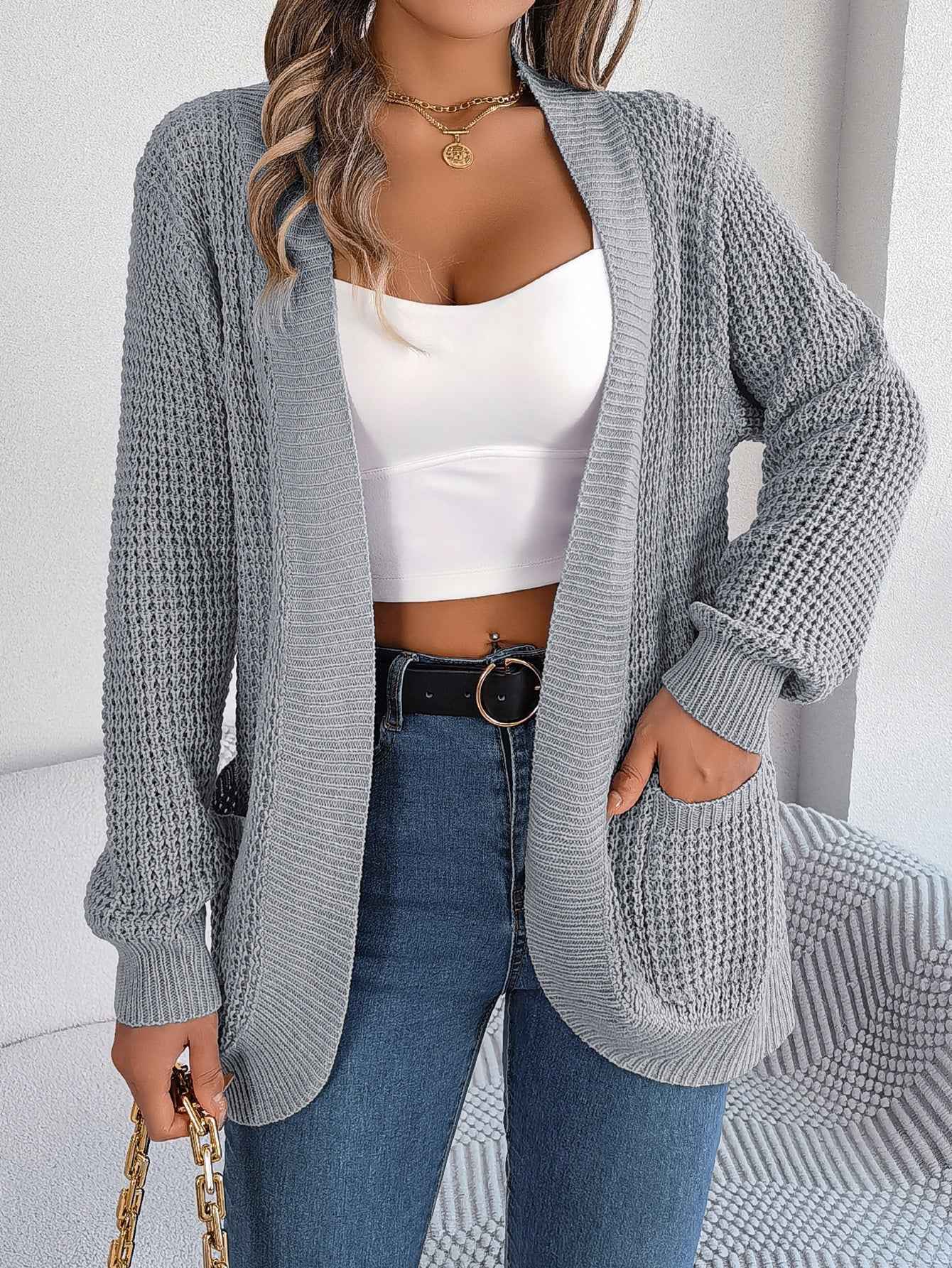 Sarah Express Women's Casual Knit Cardigan Sweater with Pockets Long Sleeve Gray