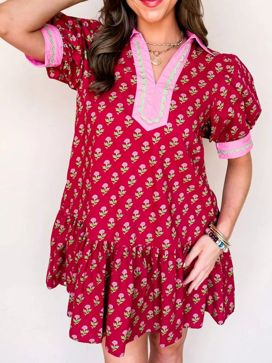 Sarah Express Women's Floral Print Ruffle Hem Mini Dress Deep Red