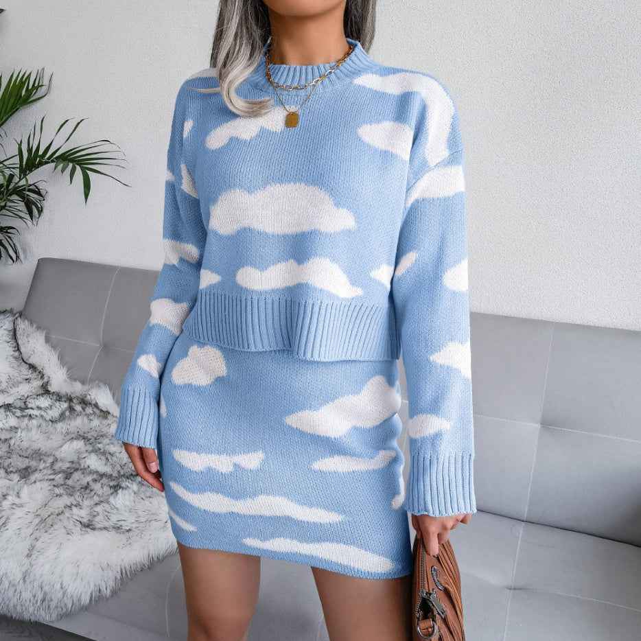 Sarah Express Women's Cloud Pattern Knitted Sweater and Pencil Skirt Set - Two Piece Outfit Sky blue