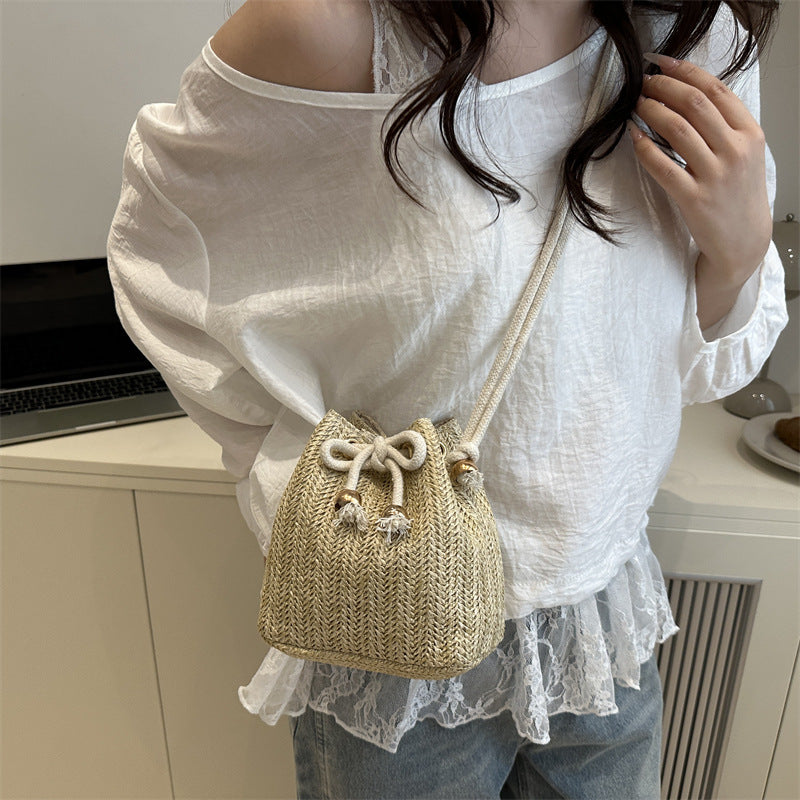 Sarah Express Women's Woven Straw Bucket Bag - Casual Crossbody Shoulder Bag with Adjustable Strap Khaki