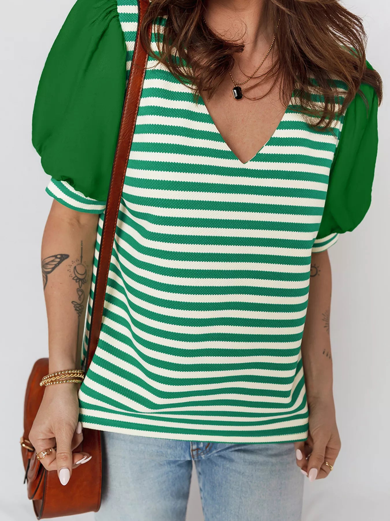 Sarah Express Women's Stripe Puff Short Sleeve Patchwork V Neck Blouse