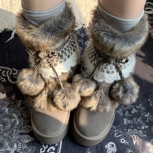 Sarah Express Women's Retro Chunky Ankle Boots – Fleece-Lined Suede Slip-On Winter Boots