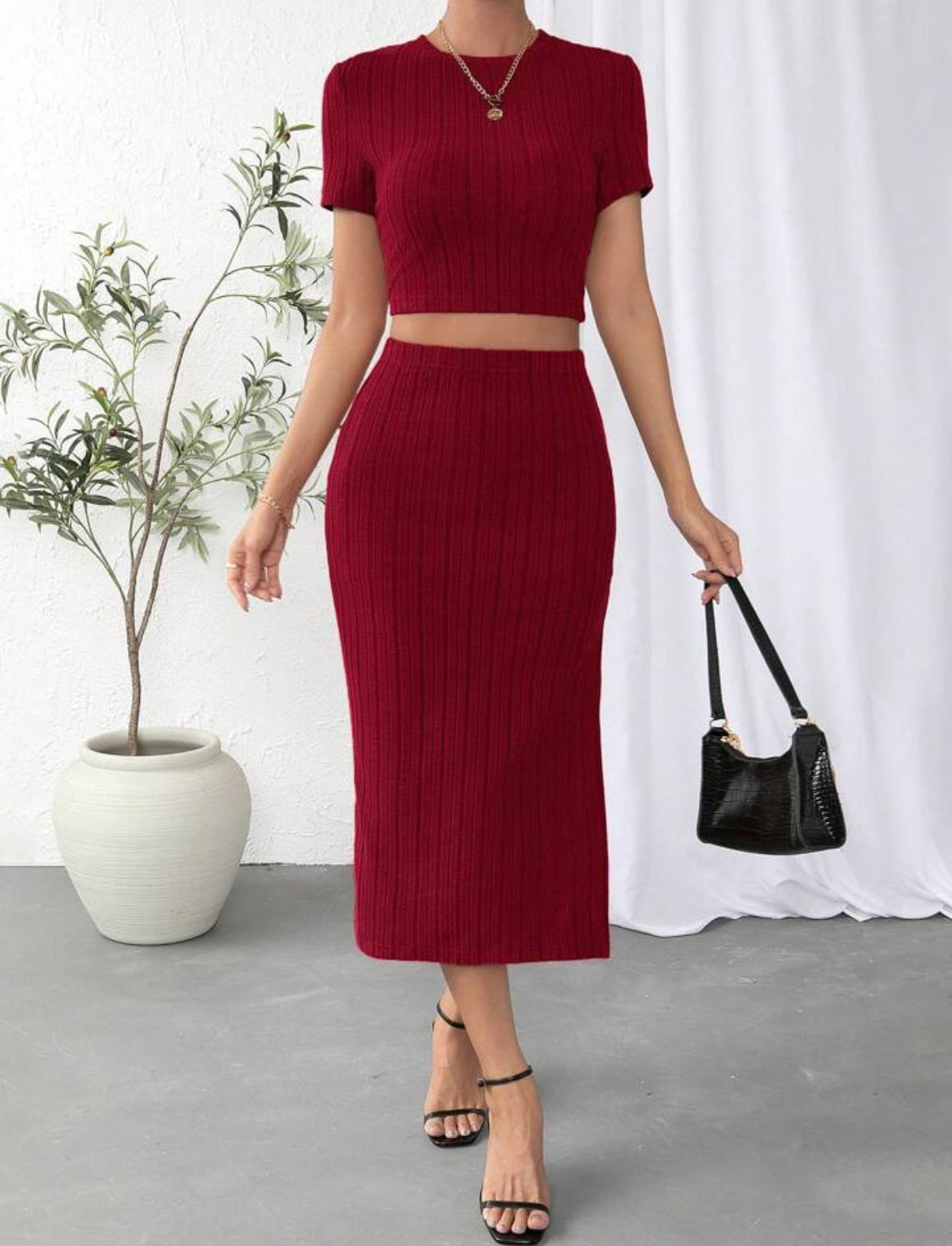 Sarah Express Women's Two-Piece Suit Set High Waist Midi Skirt Long Sleeve Top - Work Professional Classic