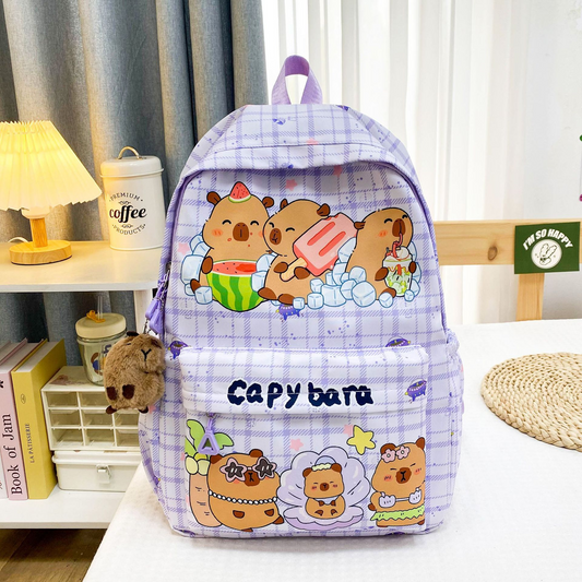 Sarah Express Capybara Cartoon School Backpack for Girls – Cute Nylon Bookbag for Primary & Middle School Purple With pendant