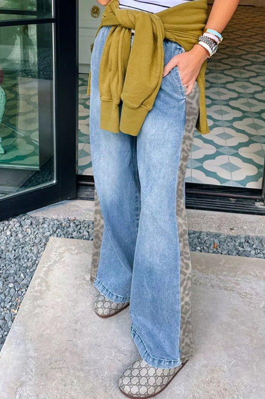 Sarah Express Women's Wide Leg Leopard Print Jeans with Drawstring