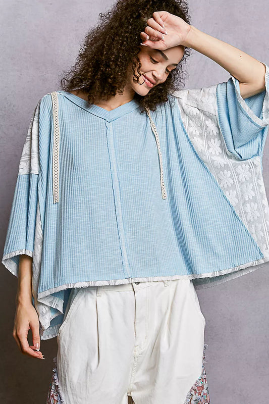 Sarah Express Women's Short Sleeve Hoodie Top with Lace Detail