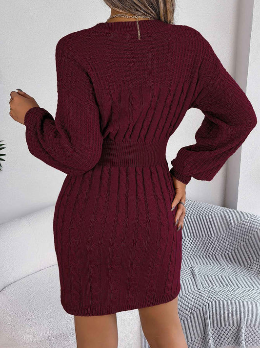 Sarah Express Women's Cable Knit Hollow Out Lantern Sleeve Bodycon Sweater Dress