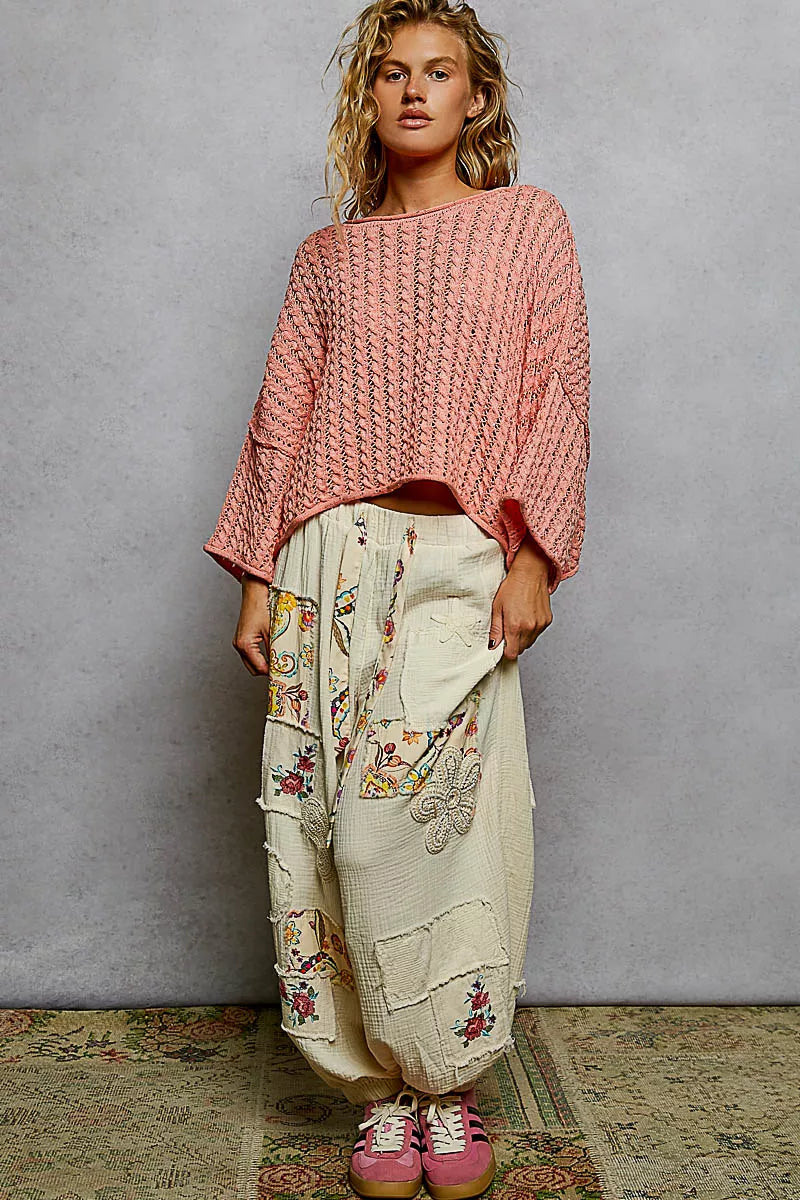 Sarah Express Women's Cable-Knit Openwork Round Neck Cropped Sweater