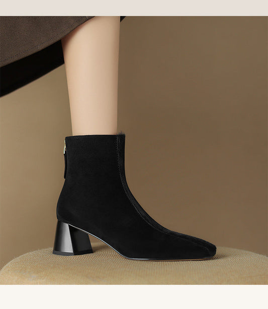 Sarah Express Women's Square-Toe Chunky Heel Horsehair Short Boots – Sheepskin Winter Boots