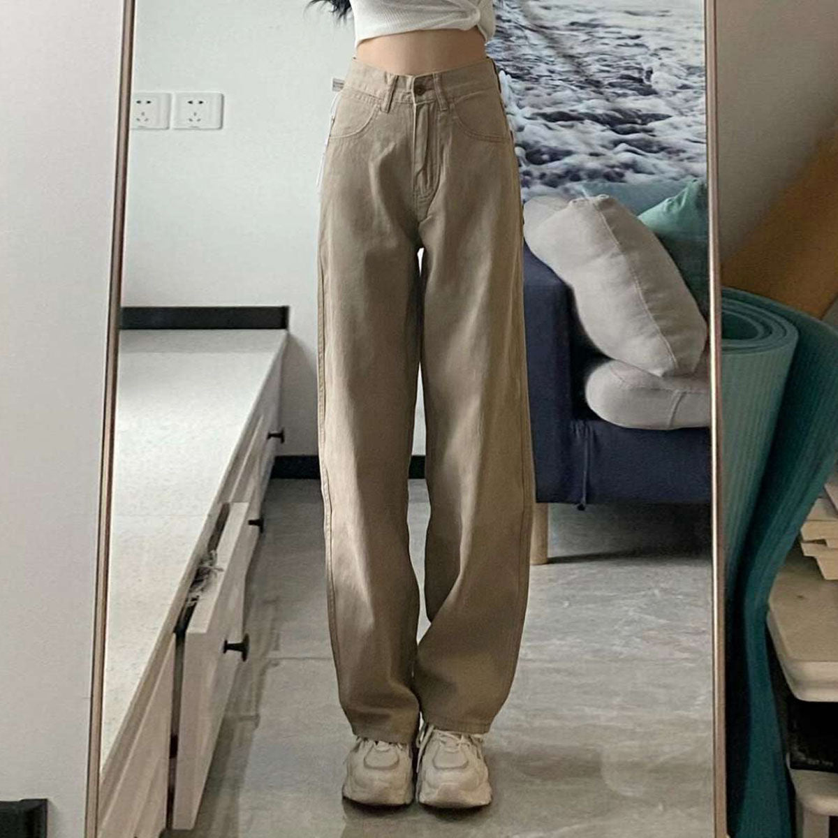 Sarah Express High Waist Wide Leg Jeans for Women Cotton Khaki Retro Straight Pants