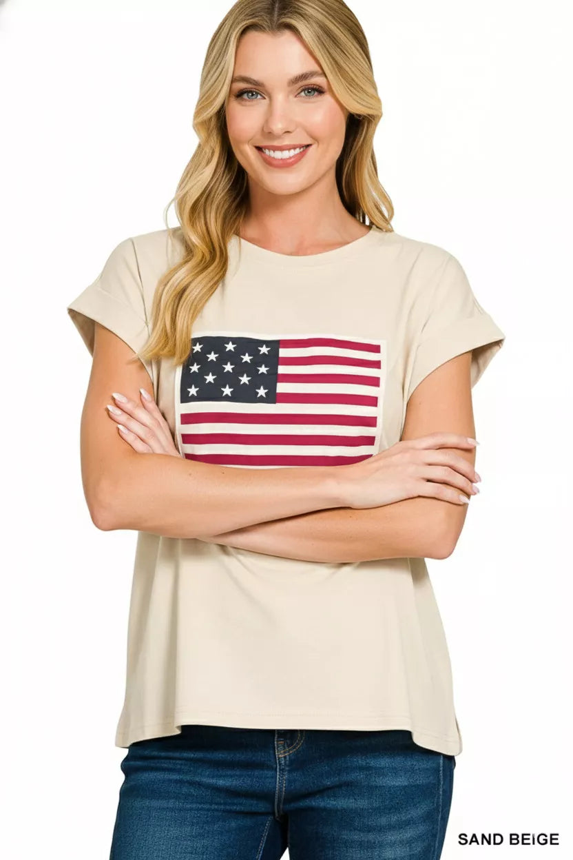Sarah Express Women's US Flag Round Neck Short Sleeve T-Shirt Plus Size