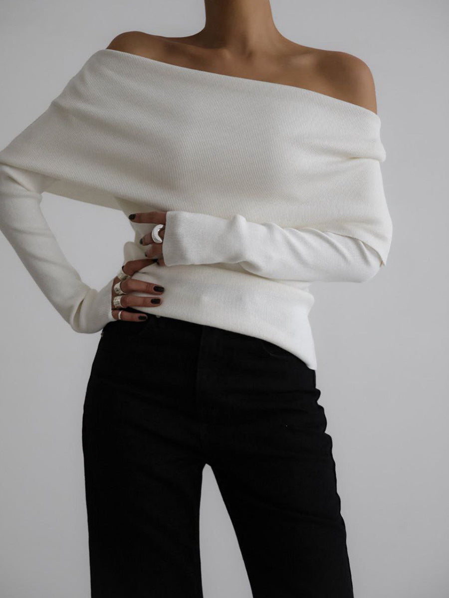 Sarah Express Women's Off-Shoulder Knitted Long Sleeve Top Slim Fit Pullover Sweater