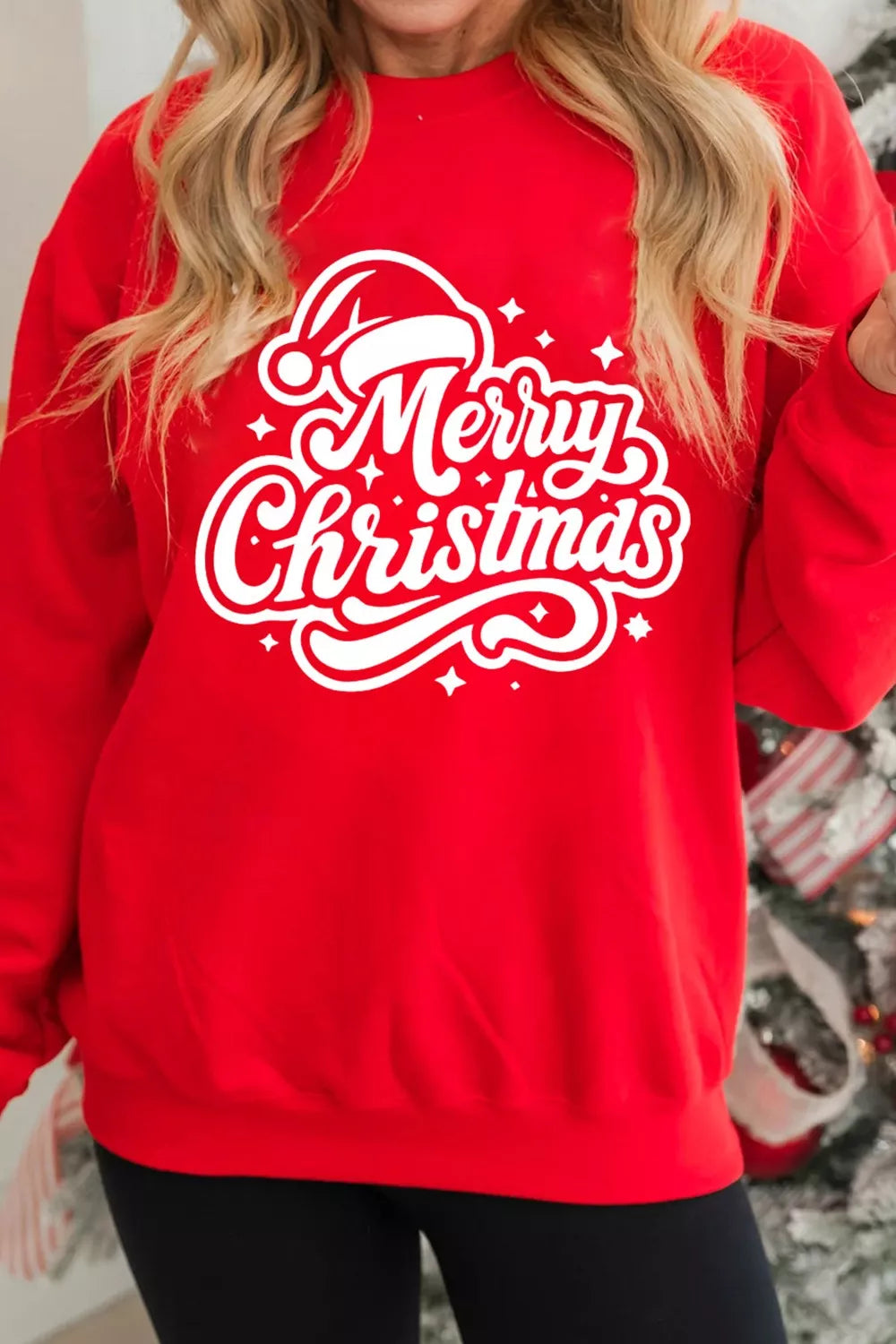 Sarah Express Women's Merry Christmas Graphic Drop Shoulder Sweatshirt