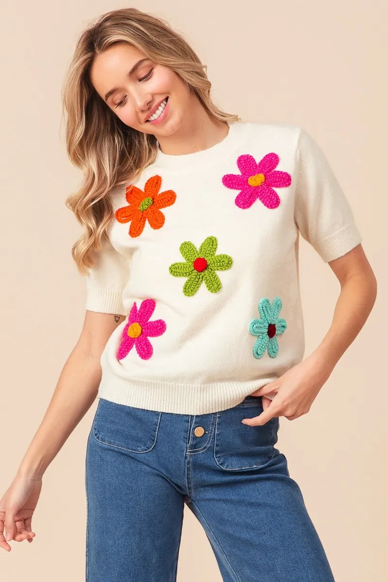 Sarah Express Women’s Short Sleeve Sweater with Crochet Flower Patches