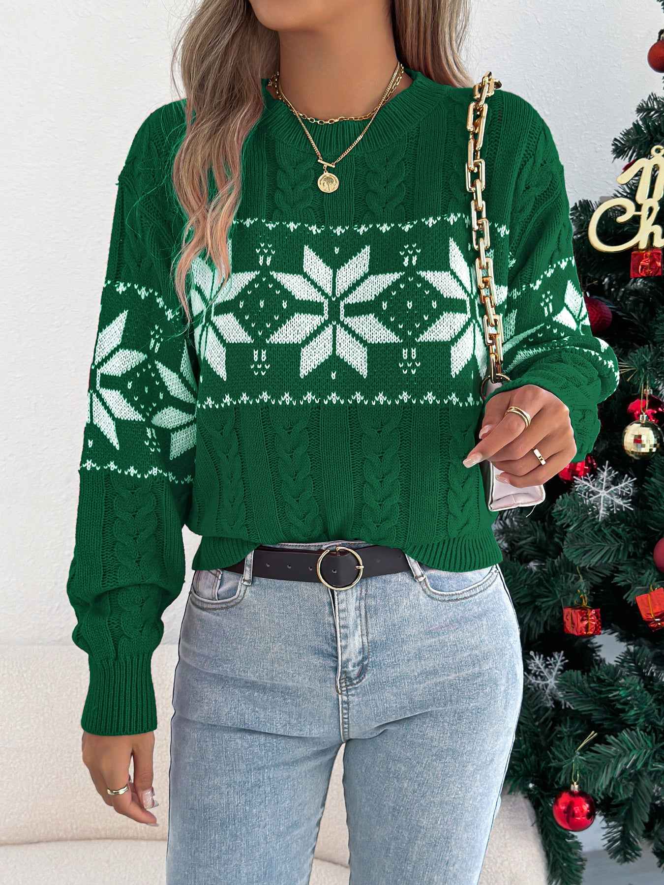 Sarah Express Women's Snowflake Pattern Turtleneck Pullover Sweater - Lantern Sleeve Knit Green