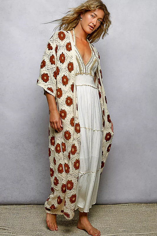 Sarah Express Women's Open Front Floral Crochet Longline Cardigan