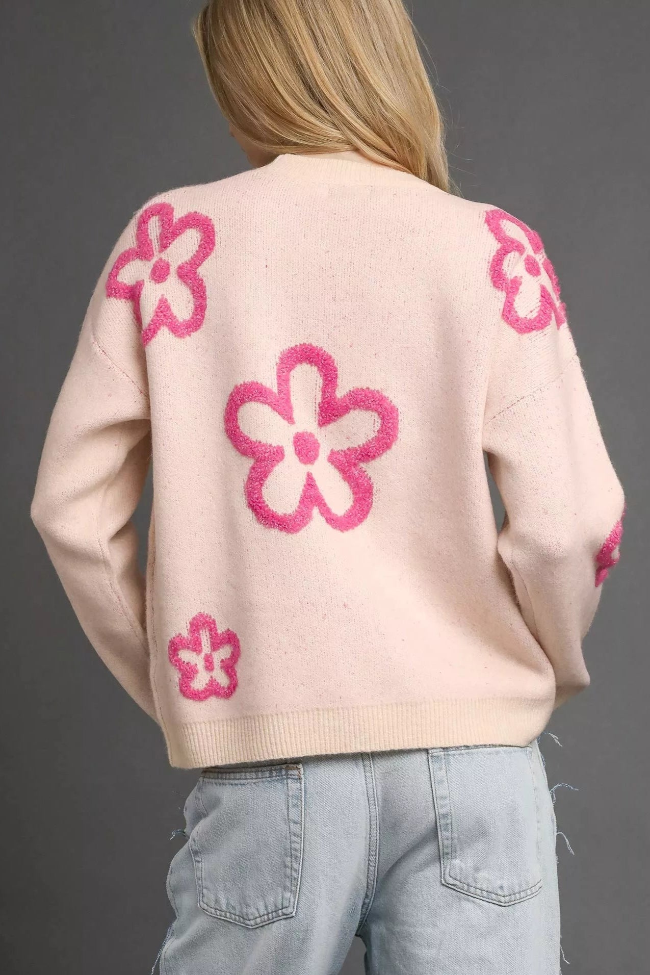 Sarah Express Women’s Round Neck Sweater with Pink Floral Accents