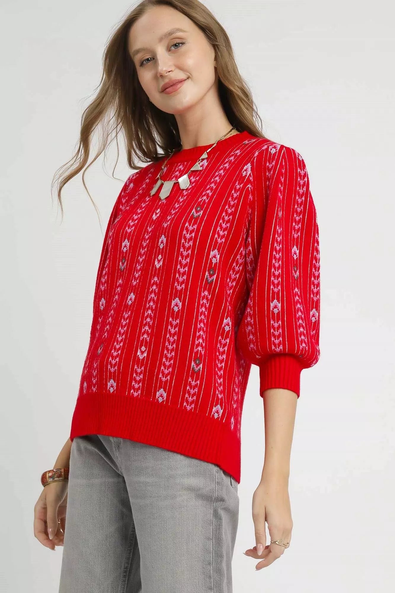 Sarah Express Women’s Jacquard Knit Puff Sleeve Sweater Casual
