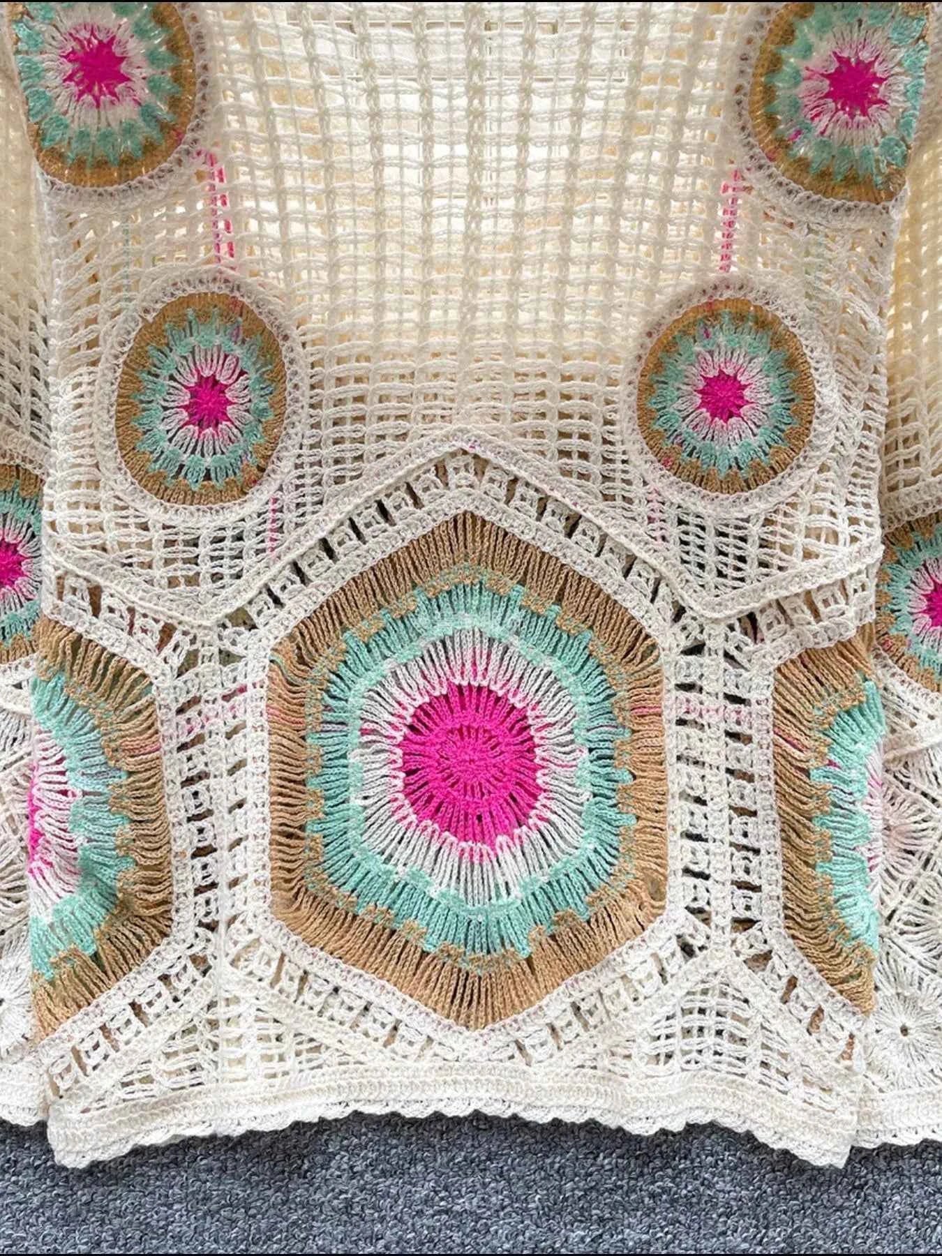 Sarah Express Women's Crochet V-Neck Knit Cover Up - Openwork Beach Cardigan