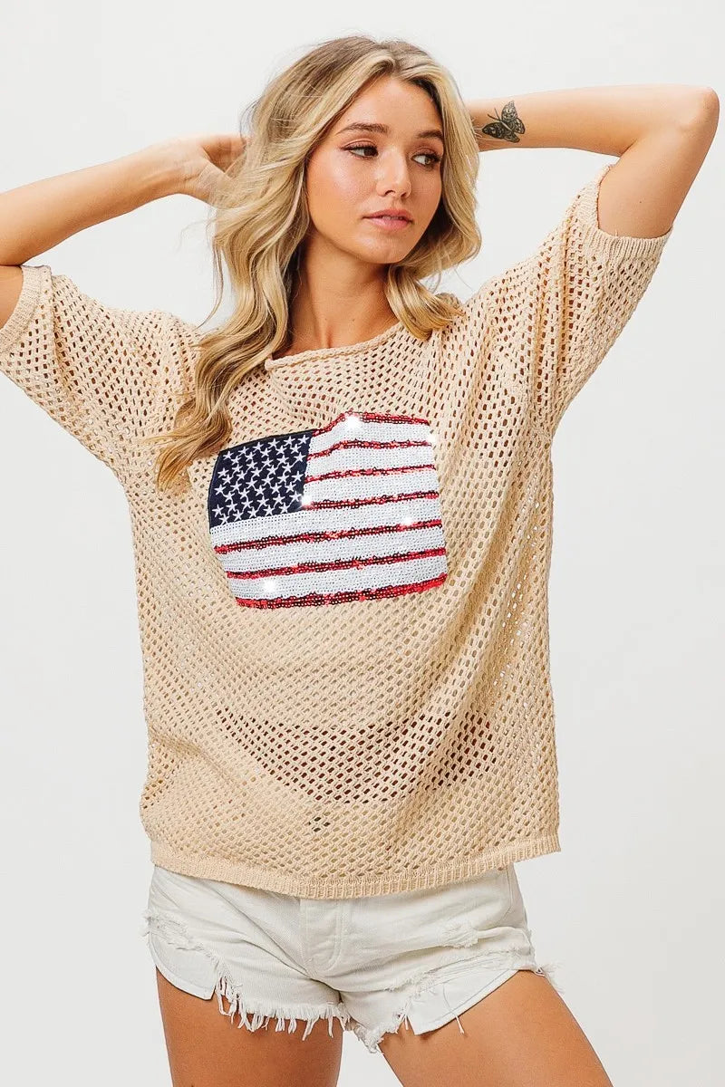 Sequin American Flag Knit Cover Up