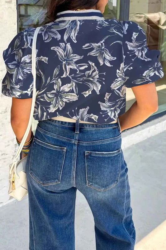 Sarah Express Women's Floral Print Puff Sleeve V-Neck Blouse with Striped Trim