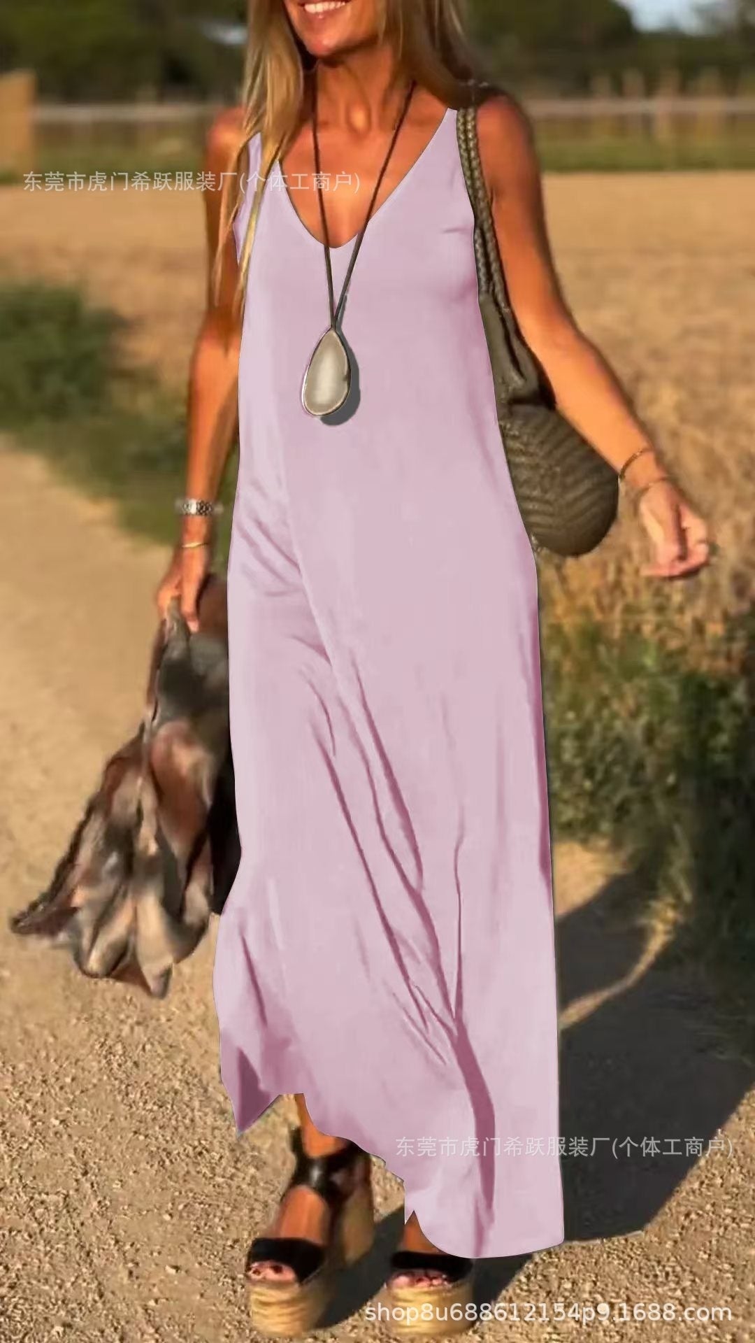 Sarah Express Women's V-Neck Cami Strap Maxi Dress Sleeveless Wide Waist Long Casual Summer Dress