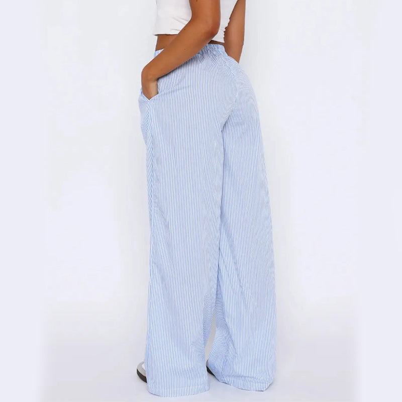 Sarah Express Women's Striped Wide Leg Pants - High Waist Straight Trousers with Pockets