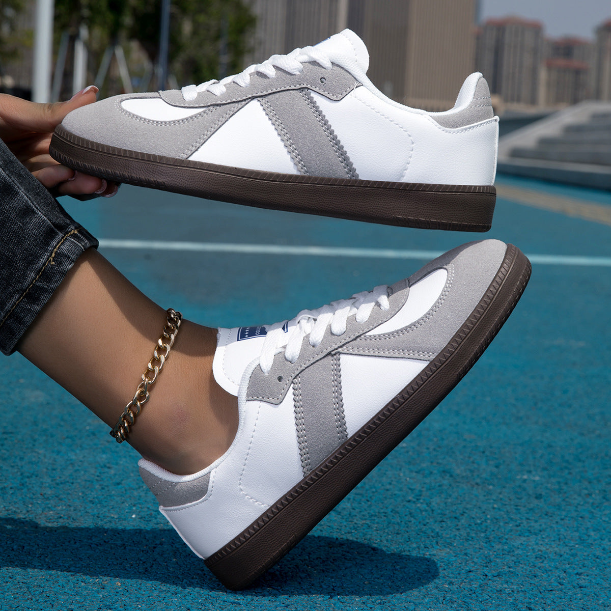 Sarah Express Women's Leopard Print Lace-Up Casual Sneakers | Color-Block Low-Top Flat Shoes Gray