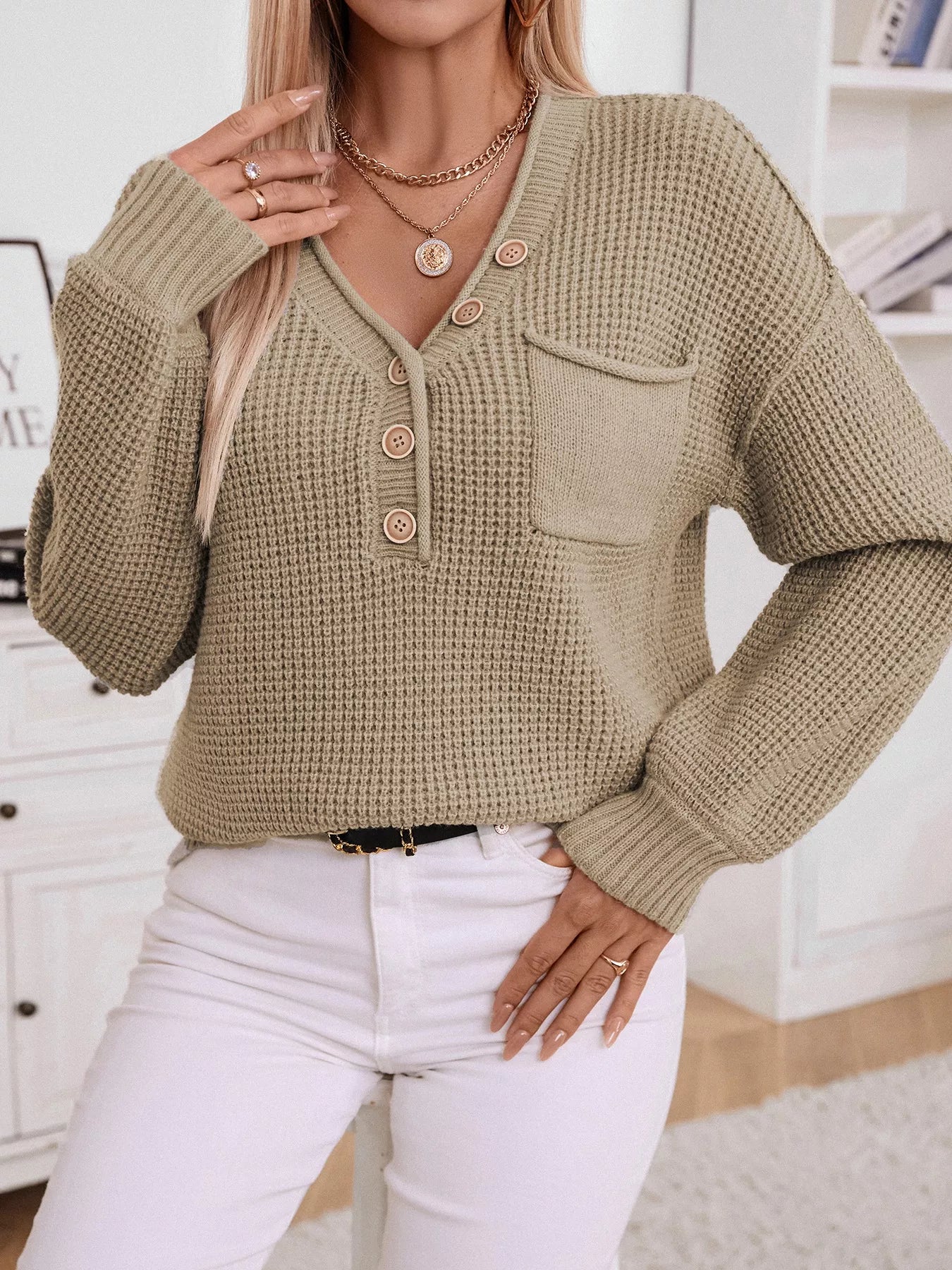 Sarah Express Women's Button Detail Long Sleeve Sweater