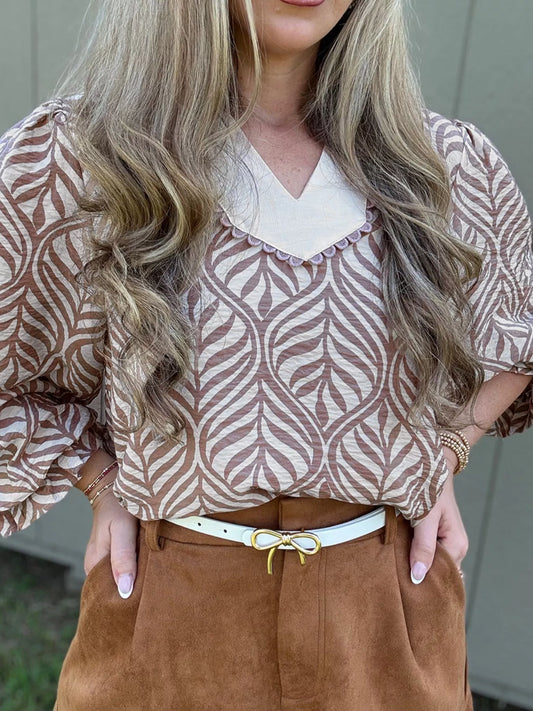 Sarah Express Women's Leaf Print Long Sleeve Blouse Mocha