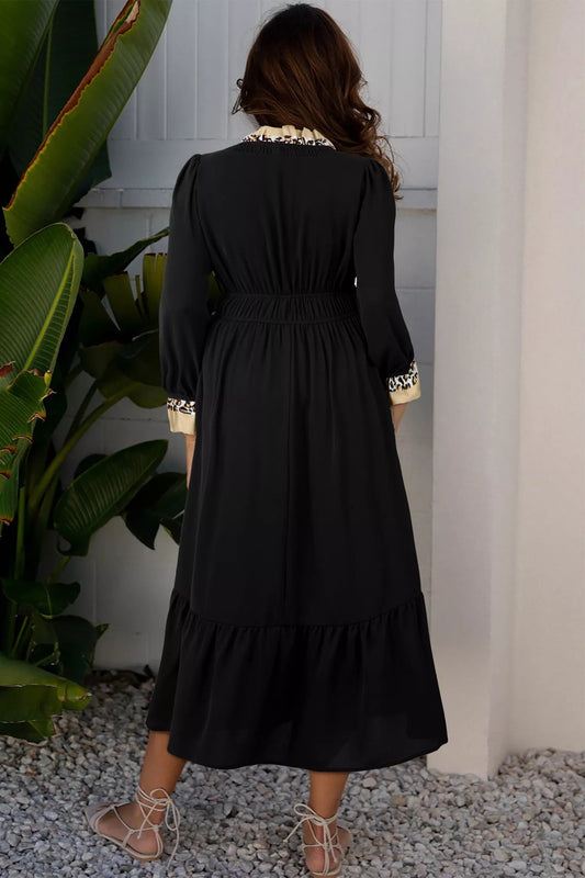 Sarah Express Women's Contrast Leopard Frilled Trim V Neck Bracelet Sleeve Midi Dress