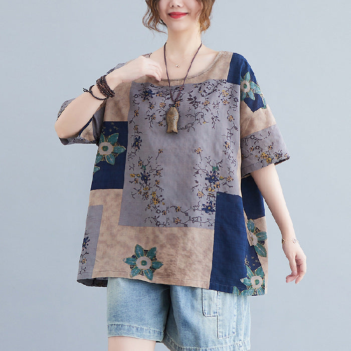Sarah Express Women's Ethnic Floral Print Cotton Linen T-Shirt Loose Fit Round Neck Short Sleeve