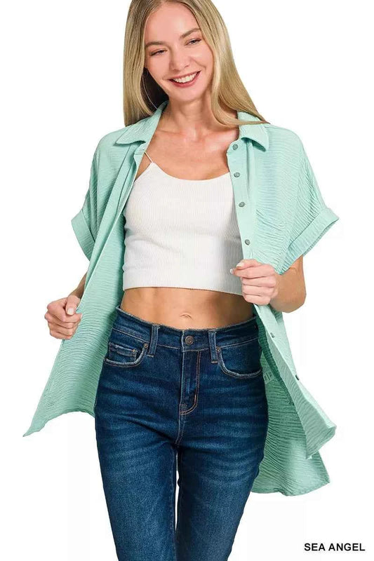 Sarah Express Women's Woven Airflow Button Down Shirt - Breathable Lightweight Top