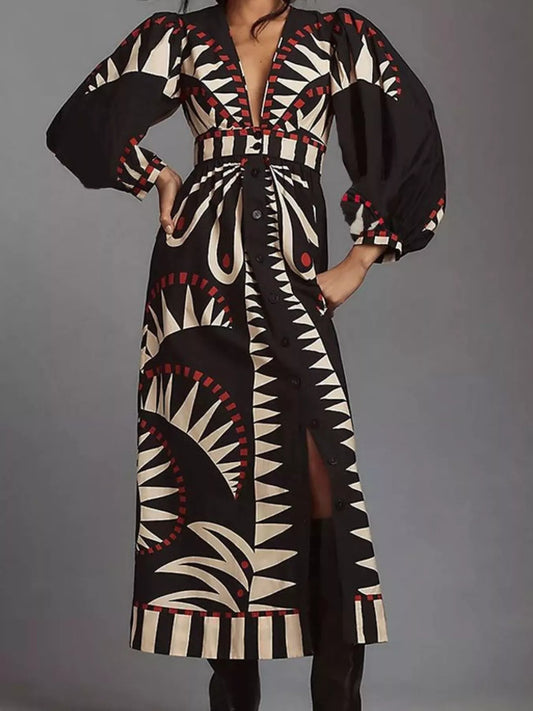 Sarah Express Women's Geometric Long Sleeve Maxi Dress