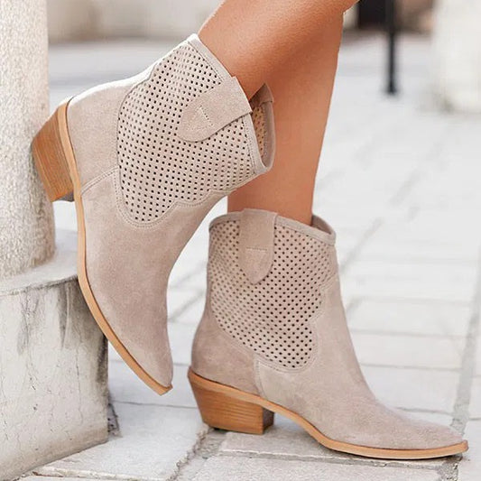 Sarah Express Women's Embossed Suede Mid-Heel Boots - Pointed Toe Slip-On Ankle Boots in Large Sizes