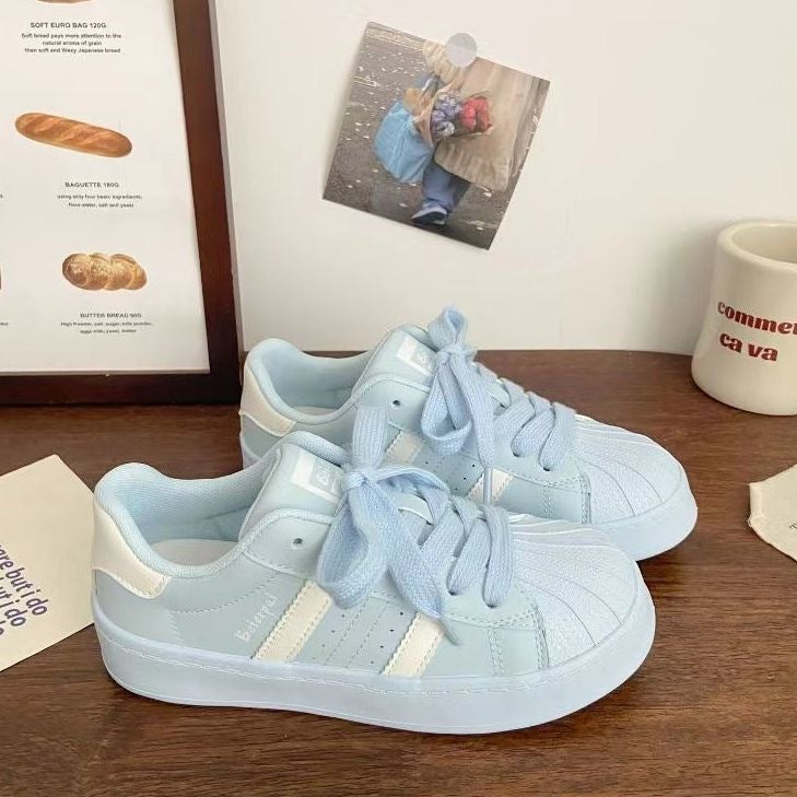 Sarah Express Women's Shell Toe Casual Sneakers | PU Leather Low-Top Lace-Up Blue