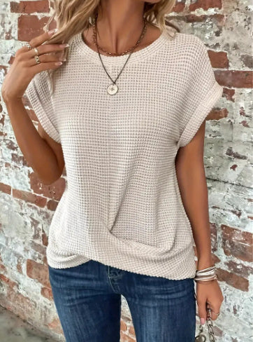 Sarah Express Women's Waffle Texture Crew Neck T-Shirt Short Sleeve Polyester Summer Top