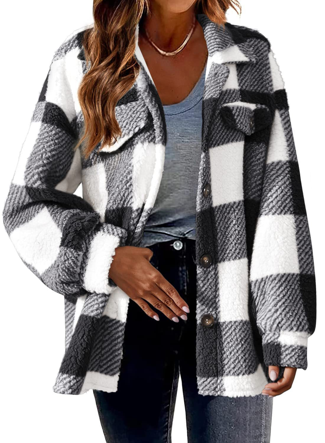Sarah Express Women's Striped Plush Jacket - Button-Front Shacket Coat in 8 Colors - Loose Fit S-5XL Plus Size