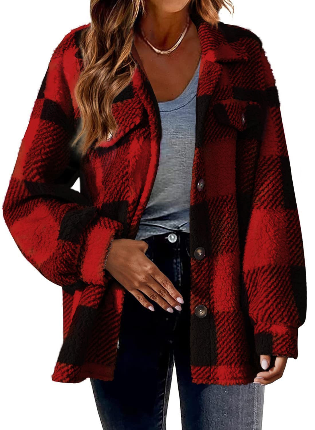 Sarah Express Women's Striped Plush Jacket - Button-Front Shacket Coat in 8 Colors - Loose Fit S-5XL Plus Size