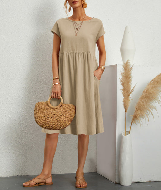 Sarah Express Women's Summer A-Line Dress with Pockets - Casual Short Sleeve Round Neck Khaki