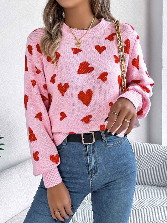 Sarah Express Women's Color Block Heart Lantern Sleeve Pullover Sweater - Casual Knitwear