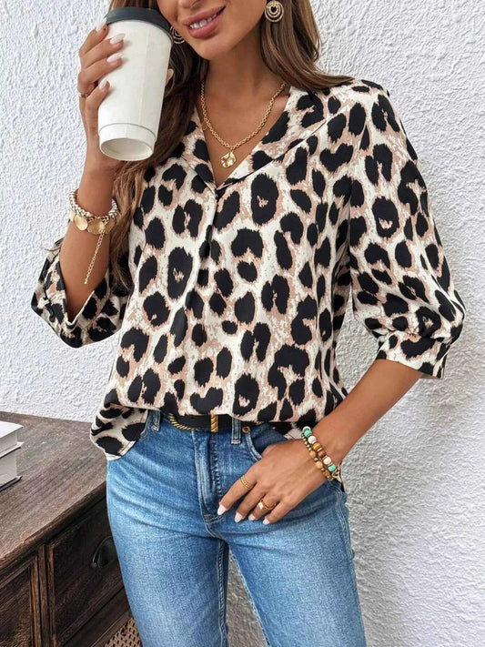 Sarah Express Women's Leopard Print 3/4 Sleeve Blouse - Button Front Top